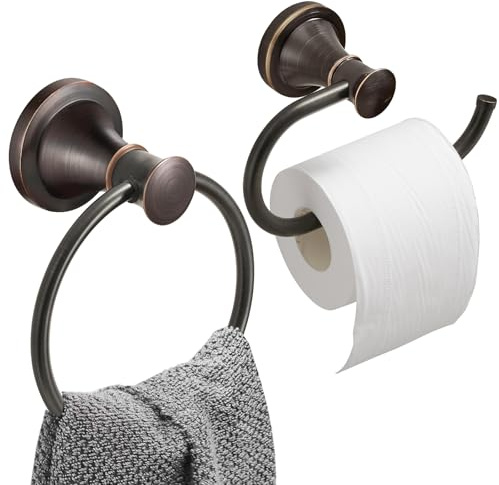 Hoimpro Oil Rubbed Bronze Towel Ring Toilet Paper Holder, Double Bathroom Hardware Set Fixtures Toilet Roll Tissue Holder, Hand Towel Bar Towel Rack Rv Accessories, Sus304 Stainless Steel, Wall Mount