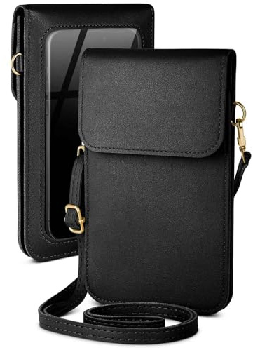 moex Handytasche zum Umhängen für Samsung Galaxy S10 Plus kleine Handtasche mit Handyfach und Sichtfenster, 2 extra Fächer Mini PU Leder Handy Umhängetasche Damen CitySling, Schwarz