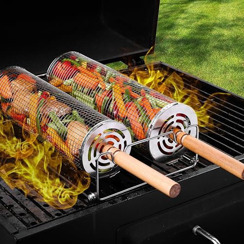 Rolling Grill Basket（2PCS） with Detachable Handle, 304 Stainless Steel BBQ Accessory for Vegetables and Meat, Suitable for Outdoor BBQ and Camping