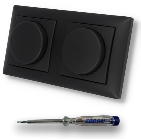 EBROM SET IDEE: BUSCH JÄGER 2 x 6523U-102 LED-Drehdimmer LED-Dimmer mit Dimmerscheibe BBblack und Rahmen Schwarz MATT ähnlich RAL 9005 - inkl. EBROM Phasenprüfer zur Montage der Dimmer 6523U102