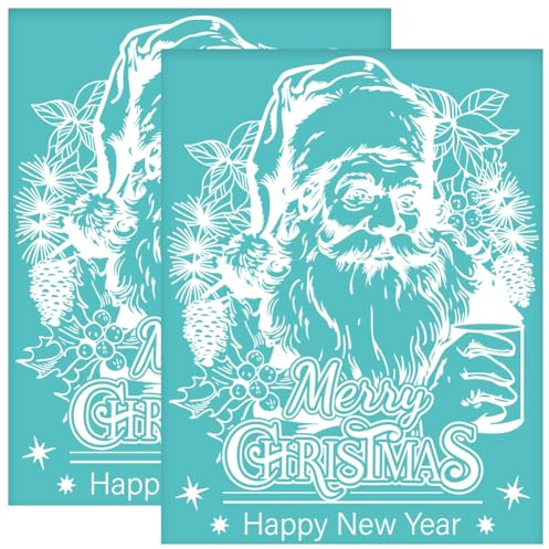 OLYCRAFT 2Pcs 22x28cm Santa Claus Self-Adhesive Silk Screen Printing Stencil Merry Christmas Mesh Stencils Christmas Theme Reusable Mesh Stencils Transfer for DIY T-Shirt Fabric Painting