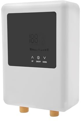 JAYEUW Klein-Durchlauferhitzer Elektrischer Warmwasserbereiter Tankloser Elektrische Durchlauferhitzer mit Fernbedienung LCD-Touchscreen für Handwaschbecken Küche Bad 30-55℃ 4500W (Weiß)