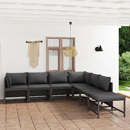 KATERYY 7-TLG. Garten-Lounge-Set mit Kissen Poly Rattan Grau,Modernes Rattan LoungeSet für Entspannung und Komfort im Garten