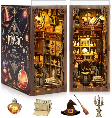 Book Nook Kit, DIY Miniature House Kit with Dust Cover LED Light 3D Wooden Puzzle Bookends Crafts Bookshelf Decoration Gift for Adults and Teens (Magic Night)