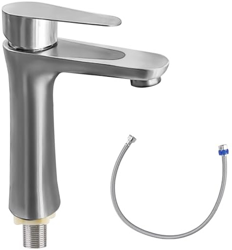 Robinet d'eau froide en acier inoxydable avec tuyau de raccordement de 80 cm - Robinet de salle de bain - Robinet de lavabo d'eau froide - Robinet à levier unique pour salle de bain et WC d'invités -