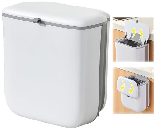 9L Mülleimer zum Aufhängen, Küchenmülleimer mit Deckel, Camping Mülleimers, Mülleimers Hängend Küche, Deckel Mülleimer Hängend Wand für Küche, Camping, Wohnmobil, Bad, Schlafzimmer, Outdoor (Weiß)