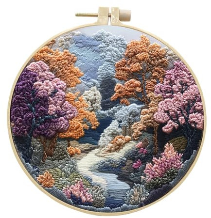 Asudaro Berge Meer Stickerei Kit 3 Stück Stickerei Starter Kit für Anfänger Stickset zum Selbermachen verstellbarer Stickrahmen, Berglandschaft Sticktuch Nadelfaden DIY-Stickmaterial-Set