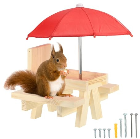 PATIKIL Tavolo Da Picnic Per Scoiattoli Con Ombrellone Rosso 7x8x11 Pollici, Mangiatoie Per Scoiattoli In Legno Per Esterno Con Struttura Solida Per Decorazione Portico Giardino, Rosso