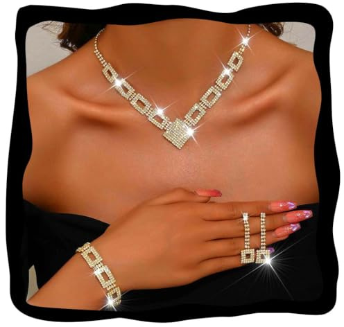 Fashband Crystal Bridal Wedding Jewelry Set Silver Rhinestone Necklace Earrings Sets Formal Costume Jewelry for Women and Brides (G-B, One Size)
