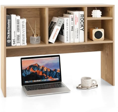 HOMASIS Schreibtischregal mit 4 Ablagen, Desktop Bücherregal aus Holz, stehendes Tischregal Aufsatzregal für Arbeitsplatte, Tischorganizer für Arbeitszimmer & Büro, 94 x 25 x 73 cm (Natur)