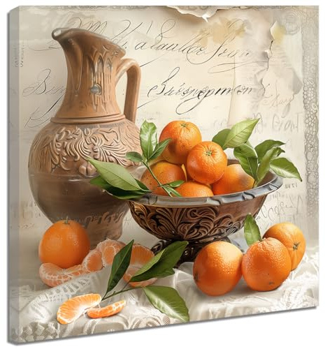 ZQQART Fruit Canvas Wall Art Kitchen Artwork Wall Decor Farmhouse Citrus Pictures Vintage Oranges in Basket Poster for Living Room Framed (Orange,20 x 20)