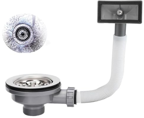VZU Kitchen Sink Waste Kit, Sink Overflow Kit, Stainless Steel Kitchen Sink Mini Basket Strainer Plug Waste G1½, 114mm Kitchen Sink Drain, Overflow Pipes with Square Drain Cover