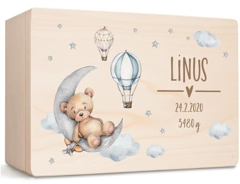 Little Deco Personalisierte Erinnerungsbox Baby Holzkiste mit Deckel | M - 30 x 20 x 13 cm | Erinnerungskiste für Jungen, Geschenk zur Geburt, Taufgeschenk mit Bär & Mond XHL1025-01
