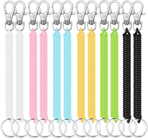 TRKETK Porte-Clés en Spirale Extensible avec Ressort en Plastique - 12 Pièces Élastique pour Voyage, Travail, Camping, Téléphone Portable - 6 Couleurs