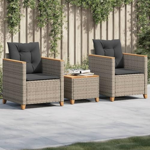 Brokky 3-TLG. Bistro-Set mit Kissen Gartenset Tisch Und StüHle Bistrotisch Outdoor Balkon MöBel Set Grau Poly Rattan Akazienholz / 366314