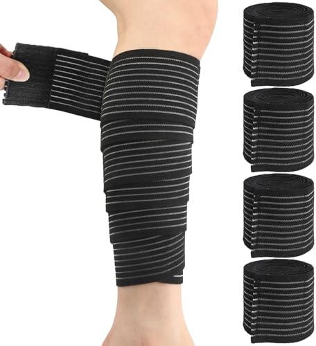 Elastic Calf Compression Bandage Sleeve,4PCS 180cm Black Leg Compression Sleeve for Men and Women,Breathable Adjustable Design for Sport Gym Squats Running Weightlifting Calf Workout
