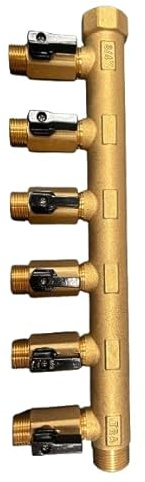 Collecteur laiton 6 départs avec mini-vannes 1/4 de tour, entrée femelle 20/27, sortie mâle 20/27, idéal pour installations sanitaires et chauffage