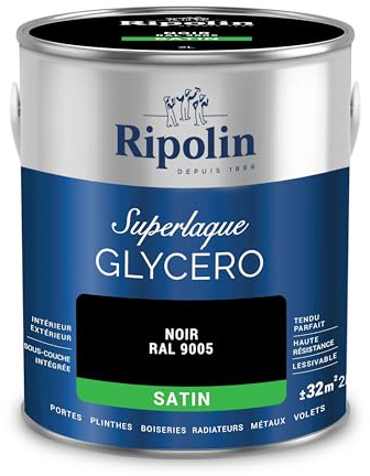 RIPOLIN Peinture Laque Glycéro Intérieure/Extérieure Noir Ral 9005 2 L | Tendu, Résistance Accrue, Très Lessivable, Résistance aux Taches, Finition Satin, Intérieur/Extérieur, Satin