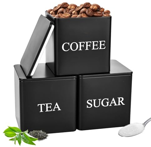 Trendecor Tea Coffee Sugar Canisters 500ML 3 Pack Storage Canister Set, Metal Canister Storages Jar Container Set With Airtight Lid, Decorative Storage Tins for Home Kitchen