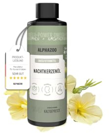 alphazoo Nachtkerzenöl für Katzen 100ml - Ergänzungsfuttermittel für Katzen. Unterstützt Fell und Haut. Reich an Gamma-Linolensäure (Omega-6). Kaltgepresst. Ideal fürs Barfen