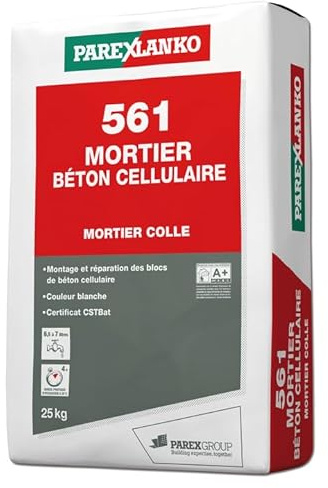PAREXLANKO - Mortier-colle - 561 Béton Cellulaire - Blanc - 25kg | Montage et réparation de blocs béton cellulaire - Joints de 3 mm - Haute adhérence - Classe M5
