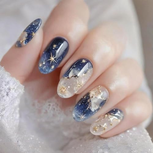 Starry Sky Press On Nails Short Square Dark Blue Glitter Design with Gold Star Patterns - Set of 24 Reusable Fake Nails for Women, Glossy Full Cover Stick On with DIY Tool, Premium ABS Material