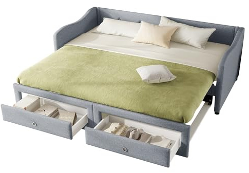 Modern dagsäng med utdragssäng och två lådor, multifunktionell bäddsoffa för sovrum eller gästrum, enkelsäng, kan omvandlas till dubbelsäng, linneöverdrag med träribbor (grå, 90 x 200 cm)