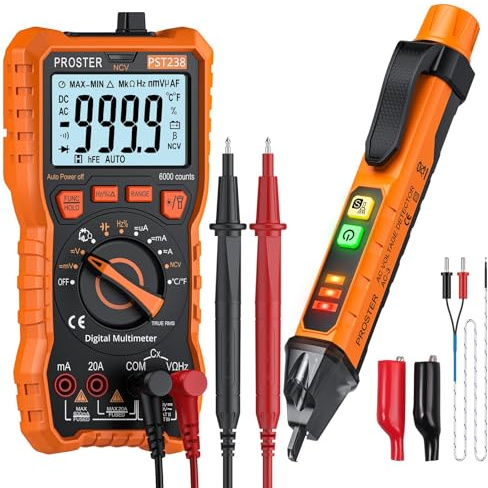 Proster Electrical Test Kit with TRMS 6000 Counts Multimeter & Non-Contact Voltage Tester Pen Digital Voltmeter Meter with NCV Detection for DIY, Appliance Repair, Electrical Testing