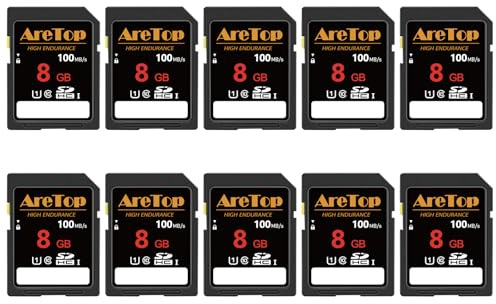 AreTop Scheda SD da 8 GB, confezione da 10 schede di memoria UHS-I classe 10 SDHC, 10 schede digitali Full HD da 8 GB per fotocamere, DSLR, Action Cam e Trail Camera