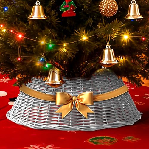 Soontrans Weihnachtsbaumrock aus Geflochtene Weide, Weihnachtsbaum Kragen, 58 x 40 x 26 cm, Weihnachtsbaumständer Abdeckung mit Band, Weihnachtsbaum Korb, Christbaumständer Abdeckung(Grauweiß)