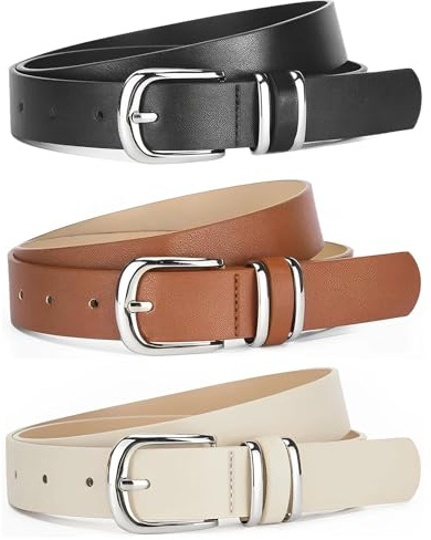 Dwitkul 3 Stück Gürtel Leder Damen Ledergürtel Damengürtel mit Silberner Metallschnalle Taillengürtel Mode Leder Taille Gürtel für Frauen Jeans Hosen Kleider (Schwarz, Braun, Beige) (Stil B)