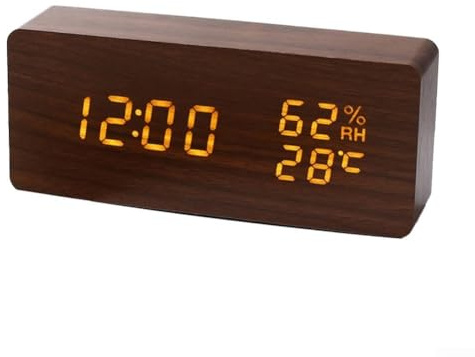 Silent Wooden Alarm Clock with Thermometer and Hygrometer, Adjustable Brightness Display, USB-C Powered Desk or Bedroom piece
