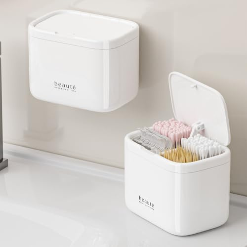 STORICANS Self Lifting Pop Up Cotton Swab & Pad Holder for Bathroom, Wall Mounted or Countertop Q Tip Dispenser with 4 Compartments, Vanity Organiser forFloss Picks, Makeup Pads, Cotton Buds,White