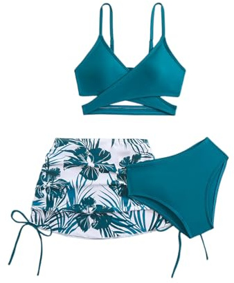 Mädchen 3-teiliges Swirlprint Bikini Set mit Wickel-Top & Strandrock – Verstellbarer Rock, Triangel-Unterteil, atmungsaktives Badeoutfit für Sommer Urlaub
