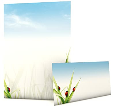 Briefpapier Set mit Tiermotiv | Marienkäfer im Gras | 100 Blatt Motivpapier DIN A4 | 100 Briefumschläge OHNE FENSTER im DIN LANG-Format | Glücks-Motive