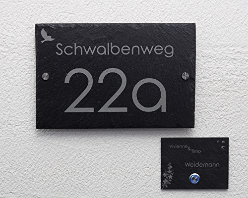 Hausnummer Set mit Gravur/Klingel Schieferklingel Klingelplatte mit LED Taster