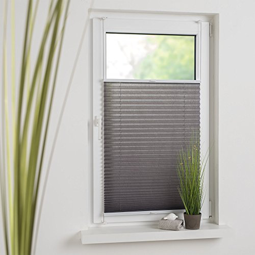 Liedeco® Plissee verspannt mit Klemmträger / 90 x 150 cm (Breite x Höhe) grau/lichtdurchlässig Blickdicht und stufenlos verstellbar/leichte Innen-Montage ohne Bohren / 123 montiert