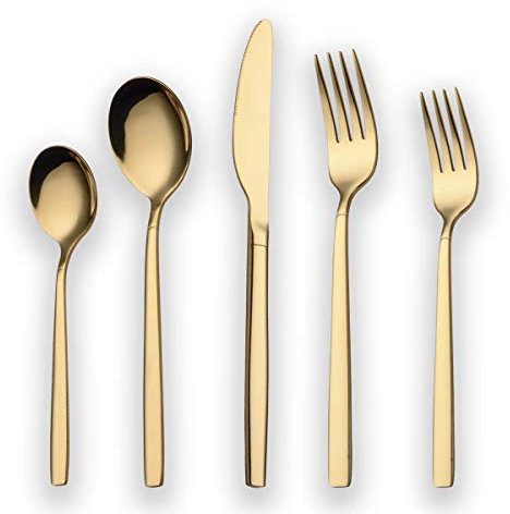Berglander 20 Piece Titanium Gold Plated Stainless Steel Flatware Set, 20 Pieces Golden Silverware Set, Golden Cutlery Set, Service for 4 (shiny Gold)