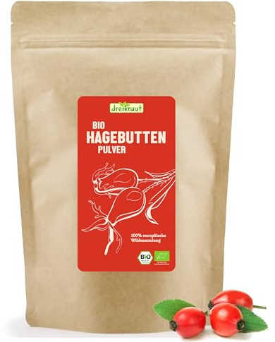 dreikraut Bio-Hagebuttenpulver | 500g | Rohkostqualität, gemahlen | Wildsammlung aus Europa | 100% ganze Hagebutte