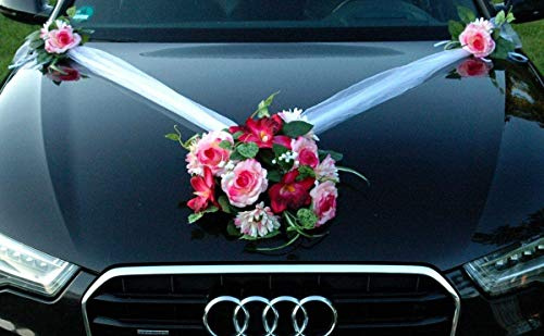 Autoschmuck Spitze STRAUß Auto Schmuck Braut Paar Rose Deko Dekoration Hochzeit Car Auto Wedding Deko PKW (SS GER Rosa)
