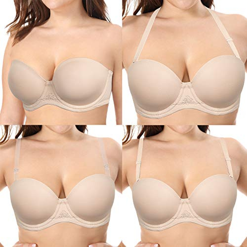 YBCG Strapless Convertible Multiway Underwire Bra with Clear Strap for Women Beige 42DD,42E