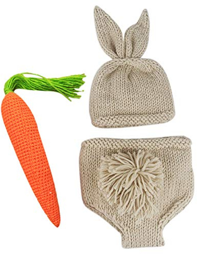 IBTOM CASTLE Easter Bunny Costume Newborn Baby Girls Boys Crochet Knit Rabbit Outfit+ Pants + Carrot Photography Props Clothes 1st Birthday Cake Smash Fancy Dress Up