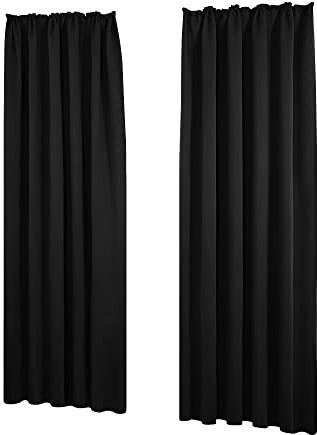 Deconovo Verdunkelungsvorhang Gardinen Thermovorhang mit Kräuselband, 245x140 cm(HöhexBreite), Schwarz, 2er Set