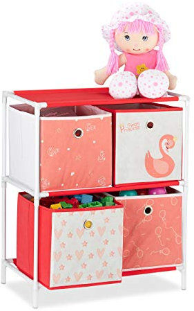 Relaxdays Kinderregal mit 4 Boxen, Spielzeug, Mädchen, Schwan-Design, Regal Kinderzimmer, HBT: 62 x 53 x 30 cm, weiß/rot
