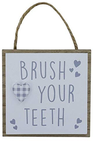 Plaque Brush Your Teeth Bathroom Rules WC Toilet Rules Wall Plaque Bathroom WC Décor Wood Hanging Sign Grey White Hearts Children’s
