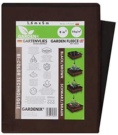 GARDENIX® 8 m² Bilateralle Tessuto Non Tessuto maronne/Nero Anti Erbacce, Peso 50 g/m², Stabilizzazione UV (1,6m x 5m)