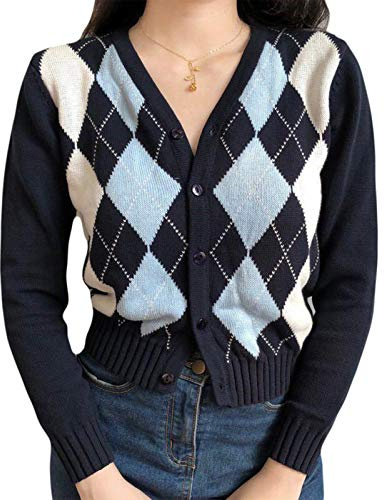 GHBOTTOM Pullover Damen Herbst Langarm Strickcardigan adretter Stil Vintage Argyle-Plaid Pullover Mantel Einreihig Knopfleiste Slim Crop Top Outwear