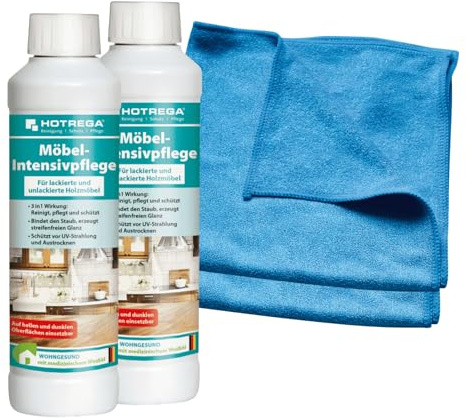 HOTREGA Möbel-Intensivpflege 2x 250ml | 3-in-1 Holzpflege Set mit Tüchern | Reinigung & UV-Schutz für lackiertes Holz | Staubbindend | Inklusive 2 Mikrofasertücher | Streifenfreier Glanz &