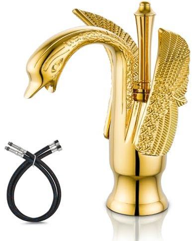 Cinwiny Swan Faucet Bathroom Sink Faucet Polished Gold Swan Shaped Single Handle One Hole Lavatory Basin Tap Mixer Deck Mount