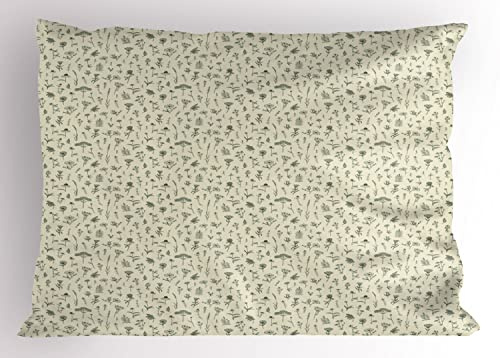 Lunarable Lavender Pillow Sham Set of 2, Hand Drawn Sketchy Calendula Clover Chamomiles Valerian Natural, Quality Microfiber Bedding Item for All Seasons, 36 x 20, Eggshell Hunter Green